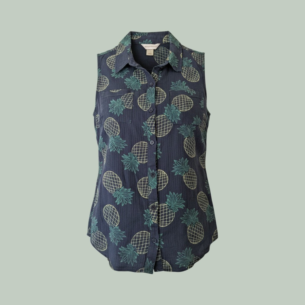 Christopher & Banks Button Down L Navy Pineapple Print Gauze Beachy Costal Vacay